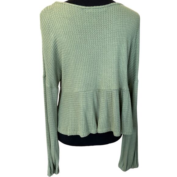 LUSH NORDSTROM ~ Sage Green Long Sleeve Waffle Knit Babydoll Top Size M - Picture 4 of 7
